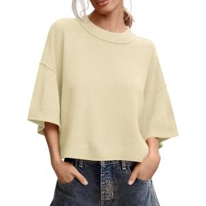 Saodimallsu Womens Short Sleeve Sweater Summer Oversized Cropped Sweaters Casual Crewneck Lightweight Knit Tops(Beige)