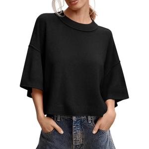 Saodimallsu Womens Short Sleeve Sweater Summer Oversized Cropped Sweaters Casual Crewneck Lightweight Knit Tops(Black)