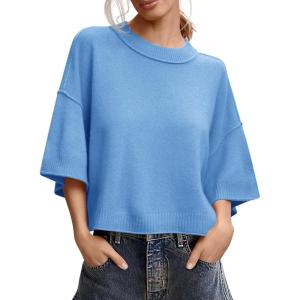 Saodimallsu Womens Short Sleeve Sweater Summer Oversized Cropped Sweaters Casual Crewneck Lightweight Knit Tops(Blue)