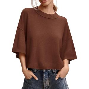 Saodimallsu Womens Short Sleeve Sweater Summer Oversized Cropped Sweaters Casual Crewneck Lightweight Knit Tops(Coffee)
