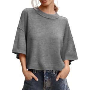 Saodimallsu Womens Short Sleeve Sweater Summer Oversized Cropped Sweaters Casual Crewneck Lightweight Knit Tops(Dark Gray)