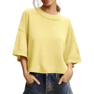 Saodimallsu Womens Short Sleeve Sweater Summer Oversized Cropped Sweaters Casual Crewneck Lightweight Knit Tops(Goose Yellow)