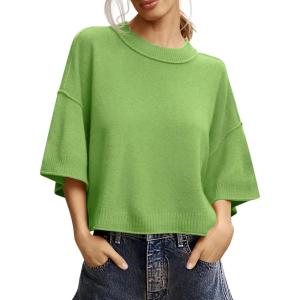 Saodimallsu Womens Short Sleeve Sweater Summer Oversized Cropped Sweaters Casual Crewneck Lightweight Knit Tops(Grass Green)