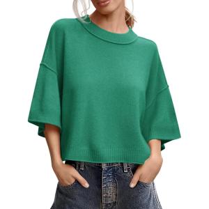 Saodimallsu Womens Short Sleeve Sweater Summer Oversized Cropped Sweaters Casual Crewneck Lightweight Knit Tops(Green)