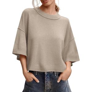 Saodimallsu Womens Short Sleeve Sweater Summer Oversized Cropped Sweaters Casual Crewneck Lightweight Knit Tops(Khaki)