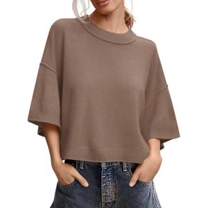 Saodimallsu Womens Short Sleeve Sweater Summer Oversized Cropped Sweaters Casual Crewneck Lightweight Knit Tops(Light Brown)