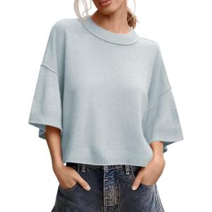 Saodimallsu Womens Short Sleeve Sweater Summer Oversized Cropped Sweaters Casual Crewneck Lightweight Knit Tops(Light Gray)