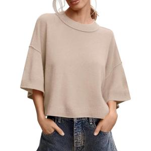 Saodimallsu Womens Short Sleeve Sweater Summer Oversized Cropped Sweaters Casual Crewneck Lightweight Knit Tops(Light Khaki)