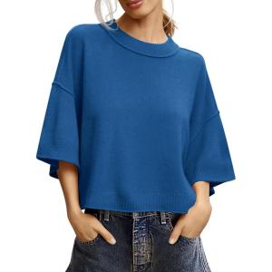 Saodimallsu Womens Short Sleeve Sweater Summer Oversized Cropped Sweaters Casual Crewneck Lightweight Knit Tops(Navy Blue)