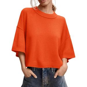 Saodimallsu Womens Short Sleeve Sweater Summer Oversized Cropped Sweaters Casual Crewneck Lightweight Knit Tops(Orange)