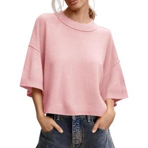 Saodimallsu Womens Short Sleeve Sweater Summer Oversized Cropped Sweaters Casual Crewneck Lightweight Knit Tops(Pink)