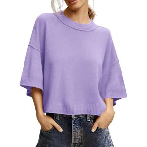 Saodimallsu Womens Short Sleeve Sweater Summer Oversized Cropped Sweaters Casual Crewneck Lightweight Knit Tops(Purple)