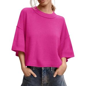 Saodimallsu Womens Short Sleeve Sweater Summer Oversized Cropped Sweaters Casual Crewneck Lightweight Knit Tops(Rose Red)