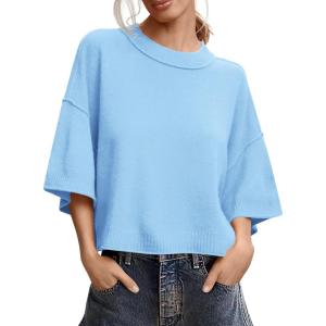 Saodimallsu Womens Short Sleeve Sweater Summer Oversized Cropped Sweaters Casual Crewneck Lightweight Knit Tops(Sky Blue)