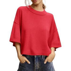 Saodimallsu Womens Short Sleeve Sweater Summer Oversized Cropped Sweaters Casual Crewneck Lightweight Knit Tops(Watermelon Red)