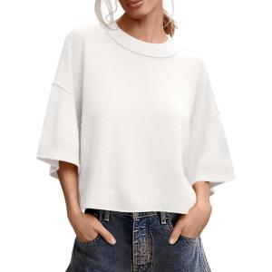 Saodimallsu Womens Short Sleeve Sweater Summer Oversized Cropped Sweaters Casual Crewneck Lightweight Knit Tops(White)