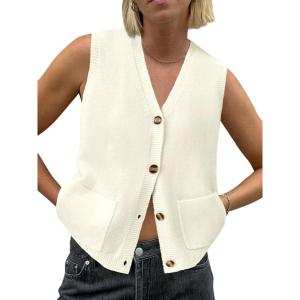 Saodimallsu Womens Sleeveless Sweater Vest Button V Neck Knit Trendy Casual Summer Cardigan with Pockets(Beige)