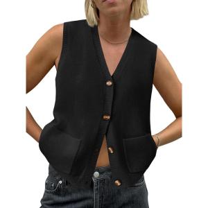 Saodimallsu Womens Sleeveless Sweater Vest Button V Neck Knit Trendy Casual Summer Cardigan with Pockets(Black)