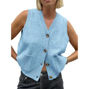 Saodimallsu Womens Sleeveless Sweater Vest Button V Neck Knit Trendy Casual Summer Cardigan with Pockets(Blue)