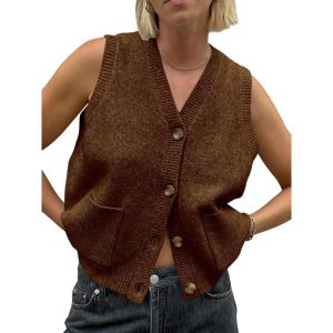 Saodimallsu Womens Sleeveless Sweater Vest Button V Neck Knit Trendy Casual Summer Cardigan with Pockets(Coffee)