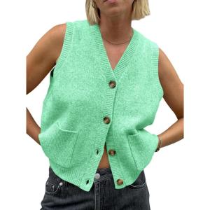 Saodimallsu Womens Sleeveless Sweater Vest Button V Neck Knit Trendy Casual Summer Cardigan with Pockets(Green)