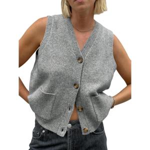 Saodimallsu Womens Sleeveless Sweater Vest Button V Neck Knit Trendy Casual Summer Cardigan with Pockets(Grey)