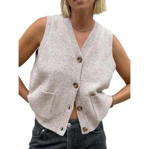 Saodimallsu Womens Sleeveless Sweater Vest Button V Neck Knit Trendy Casual Summer Cardigan with Pockets(Oatmeal)