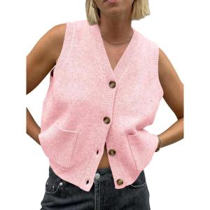 Saodimallsu Womens Sleeveless Sweater Vest Button V Neck Knit Trendy Casual Summer Cardigan with Pockets(Pink)
