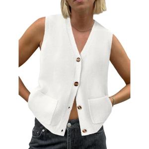 Saodimallsu Womens Sleeveless Sweater Vest Button V Neck Knit Trendy Casual Summer Cardigan with Pockets(White)