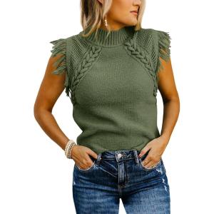 Saodimallsu Womens Sleeveless Sweater Vest Mock Neck Cable Knit Fringe Cap Sleeve Boho Trendy Pullover Tank Tops(Army Green)