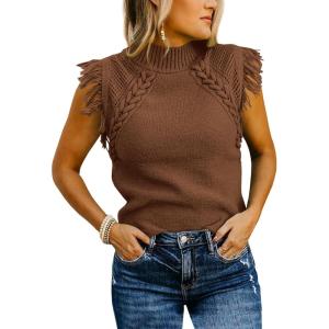 Saodimallsu Womens Sleeveless Sweater Vest Mock Neck Cable Knit Fringe Cap Sleeve Boho Trendy Pullover Tank Tops(Coffee)