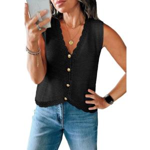Saodimallsu Womens Sleeveless V Neck Sweater Vest Cropped Button Down Crochet Casual Loose Knit Summer Going Out Tops(Black)
