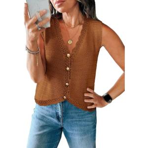 Saodimallsu Womens Sleeveless V Neck Sweater Vest Cropped Button Down Crochet Casual Loose Knit Summer Going Out Tops(Brown)