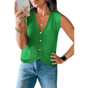 Saodimallsu Womens Sleeveless V Neck Sweater Vest Cropped Button Down Crochet Casual Loose Knit Summer Going Out Tops(Grass Green)