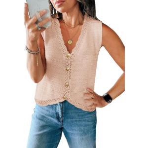 Saodimallsu Womens Sleeveless V Neck Sweater Vest Cropped Button Down Crochet Casual Loose Knit Summer Going Out Tops(Nude Pink)