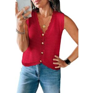 Saodimallsu Womens Sleeveless V Neck Sweater Vest Cropped Button Down Crochet Casual Loose Knit Summer Going Out Tops(Red)