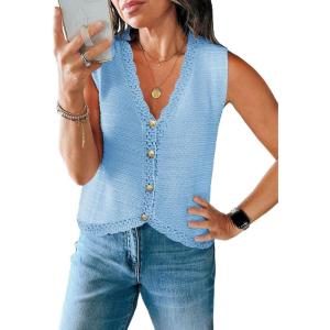 Saodimallsu Womens Sleeveless V Neck Sweater Vest Cropped Button Down Crochet Casual Loose Knit Summer Going Out Tops(Sky Blue)