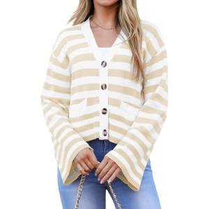 Saodimallsu Womens Striped Cardigan Sweaters Cropped Fall Button Open Front Long Sleeve Knit Sweater Coat with Pockets(Apricot)