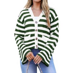 Saodimallsu Womens Striped Cardigan Sweaters Cropped Fall Button Open Front Long Sleeve Knit Sweater Coat with Pockets(Dark Green)