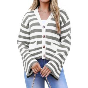 Saodimallsu Womens Striped Cardigan Sweaters Cropped Fall Button Open Front Long Sleeve Knit Sweater Coat with Pockets(Grey)