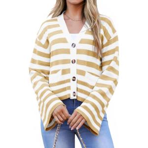 Saodimallsu Womens Striped Cardigan Sweaters Cropped Fall Button Open Front Long Sleeve Knit Sweater Coat with Pockets(Khaki)
