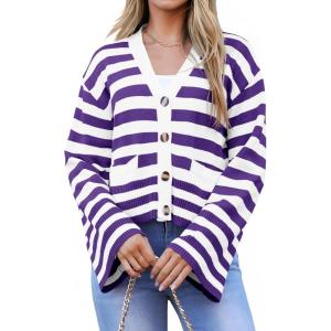 Saodimallsu Womens Striped Cardigan Sweaters Cropped Fall Button Open Front Long Sleeve Knit Sweater Coat with Pockets(Purple)