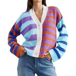 Saodimallsu Womens Striped Cardigan Sweaters V Neck Open Front Button Up Color Block Fuzzy Loose Knit Coats(Blue)
