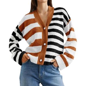 Saodimallsu Womens Striped Cardigan Sweaters V Neck Open Front Button Up Color Block Fuzzy Loose Knit Coats(Brown)