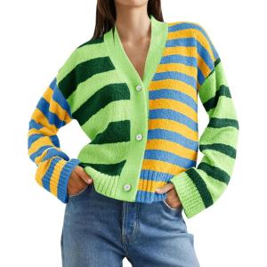 Saodimallsu Womens Striped Cardigan Sweaters V Neck Open Front Button Up Color Block Fuzzy Loose Knit Coats(Green)