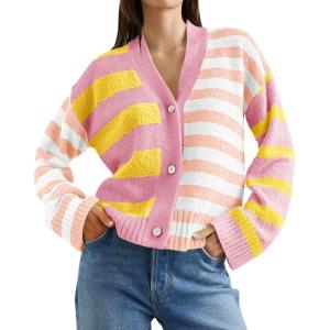 Saodimallsu Womens Striped Cardigan Sweaters V Neck Open Front Button Up Color Block Fuzzy Loose Knit Coats(Light Pink)