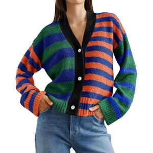 Saodimallsu Womens Striped Cardigan Sweaters V Neck Open Front Button Up Color Block Fuzzy Loose Knit Coats(Orange)