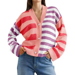 Saodimallsu Womens Striped Cardigan Sweaters V Neck Open Front Button Up Color Block Fuzzy Loose Knit Coats(Pink)