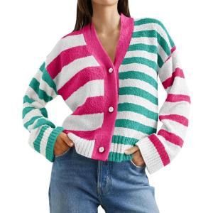 Saodimallsu Womens Striped Cardigan Sweaters V Neck Open Front Button Up Color Block Fuzzy Loose Knit Coats(Pink Green)
