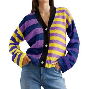 Saodimallsu Womens Striped Cardigan Sweaters V Neck Open Front Button Up Color Block Fuzzy Loose Knit Coats(Purple)